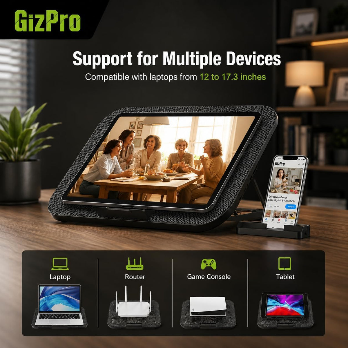 Laptop Cooling Pad with 3 Quiet Fans, 5-Level Height Adjustable Ergonomic Stand, 2 USB Ports & Phone Holder, Fits 12-17 Inch Laptops, Family-Friendly for Gaming/Work/Online Class