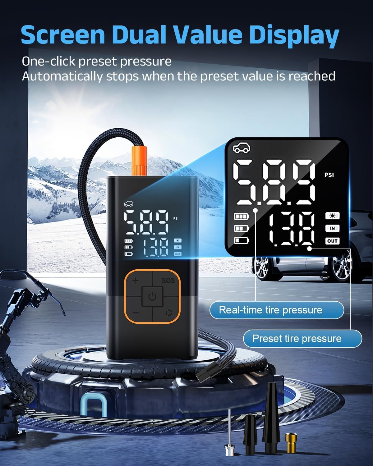 Tire Inflator Portable Air Compressor, Cordless Car&Bike Tyre Pump | With Digital Dual Values Display, 150 PSI Bike Tires Air Pump with LED Lights&Pressure Gauge for Auto/Bicycle/Motocycle/Balls