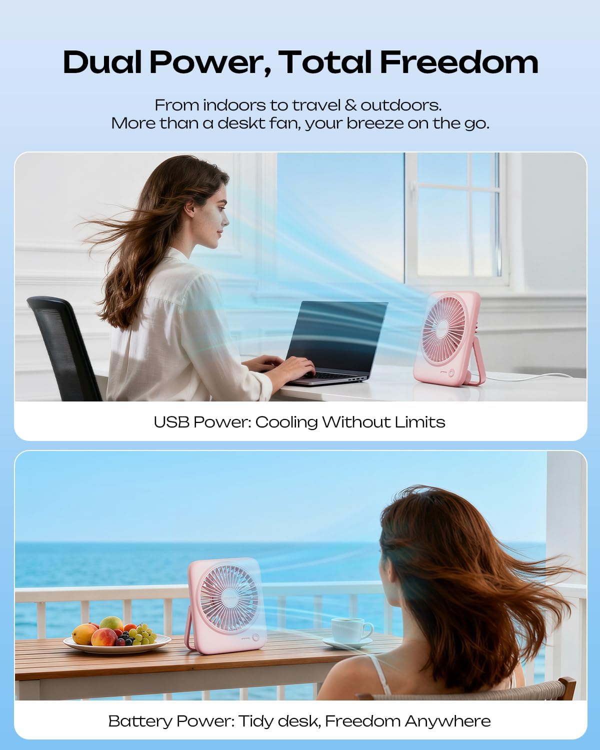 Otlonpe Personal Portable Desk Fan, 4000mAh Small Rechargeable Portable Fan Battery Operated & USB Powered for Travel Sleeping Bedroom Office Home Table, Cordless, Quiet, 4-Speed, 6.5 Inch (Pink)