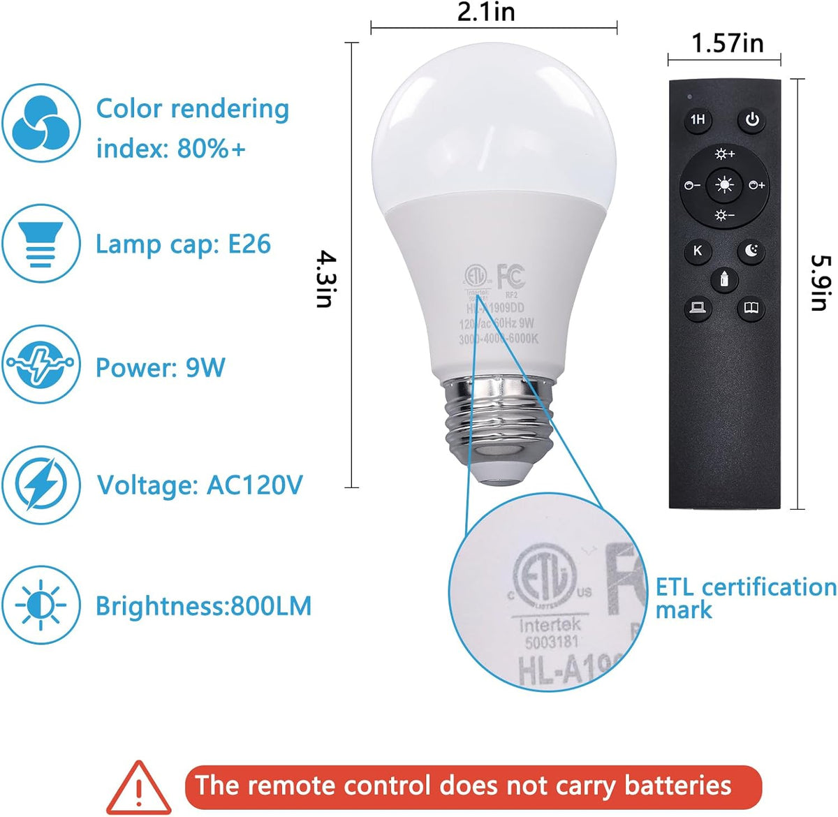 Gupuzm A19 LED Remote Control Bulbs, 800LM 9W, Equivalent to 60W Bulbs, Dimmable Bulb with Remote Control 3000K-6000K, E26 Base, CRI 80+,2.4GHz, Lifespan Over 25,000 Hours (9W-1 Remote-1 Bulb)