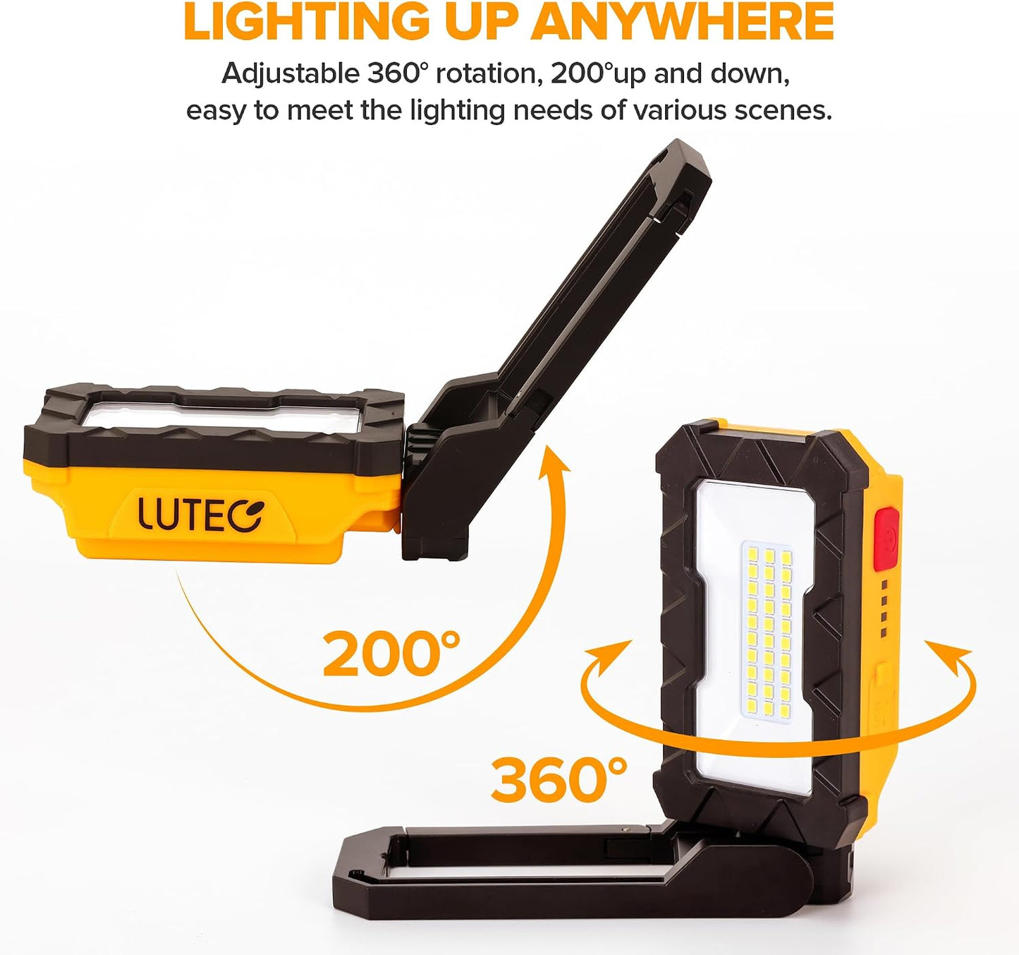 LUTEC Rechargeable Work Light, 1000 Lumens LED Magnetic Light with Magnetic Base and Hanging Hook，360°Rotate and 200°Swivel for Car Repair, Emergency and Camping (Orange)