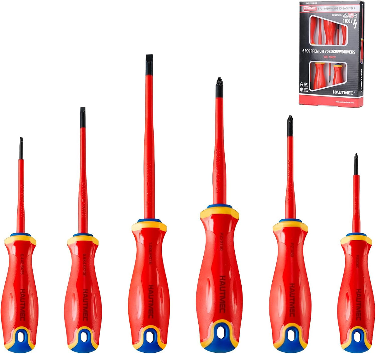 HAUTMEC 6PCS Small Precision Screwdriver Set 1000V Mini Insulated Screwdriver Set with VDE Certified, S2 Steel, Slotted and Phillips Magnetic Tip for Electrical Work, HT0313