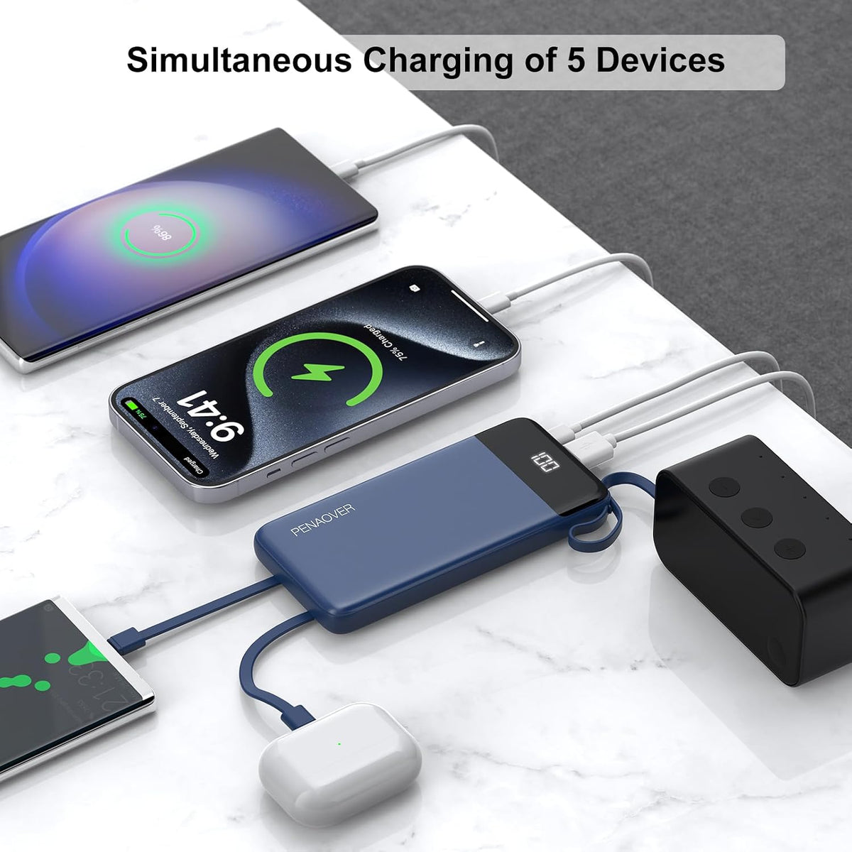 Portable Charger Built-in Cables,10000mAh Fast Charge Power Bank for iPhone | LED display, 0.64in Ultra Slim, Charge 5 Devices at Once, TSA Approved Travel Essential for iPhone/Samsung/iPad/Android