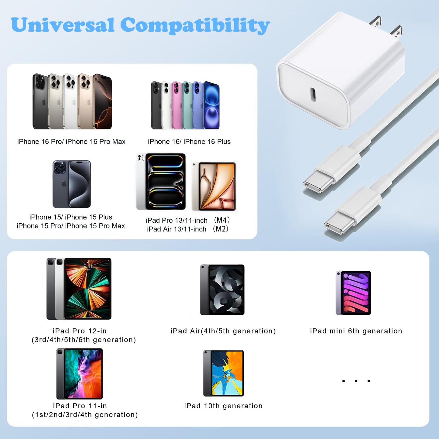 iPhone 17/16/15 Charger, USB C Charger, 2Pack 20W Type C Fast Wall Charge Power Adapter,6FT 60W USB-C to C Cable for iPhone Air/17Pro Max/15/16 Pro Max,iPad Pro 12.9/11 inch,iPad Air 5/4th,AirPods Pro