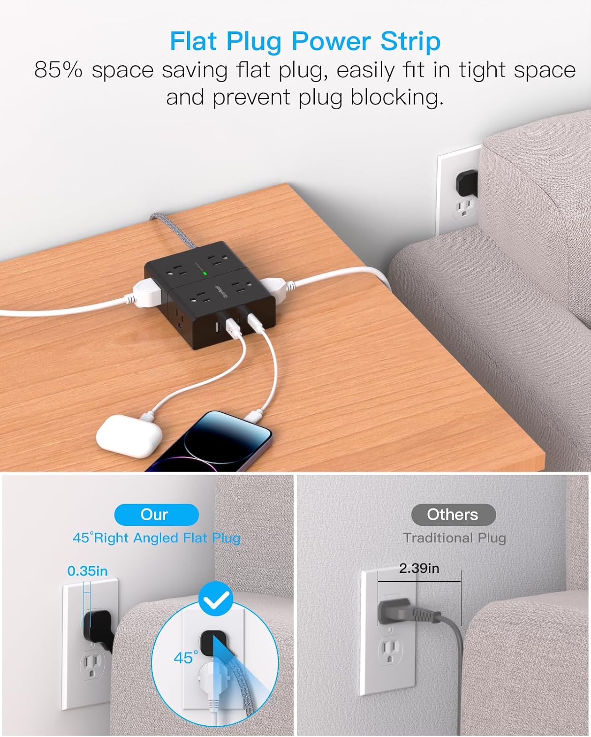 Surge Protector Power Strip 25 Ft Cord, Ultra Thin Flat Extension Cord with 8 Outlets 4 USB Ports(2 USB C), Flat Plug Power Strip, 25 Ft Long Braided Power Cord for College Dorm Room Essentials-BK