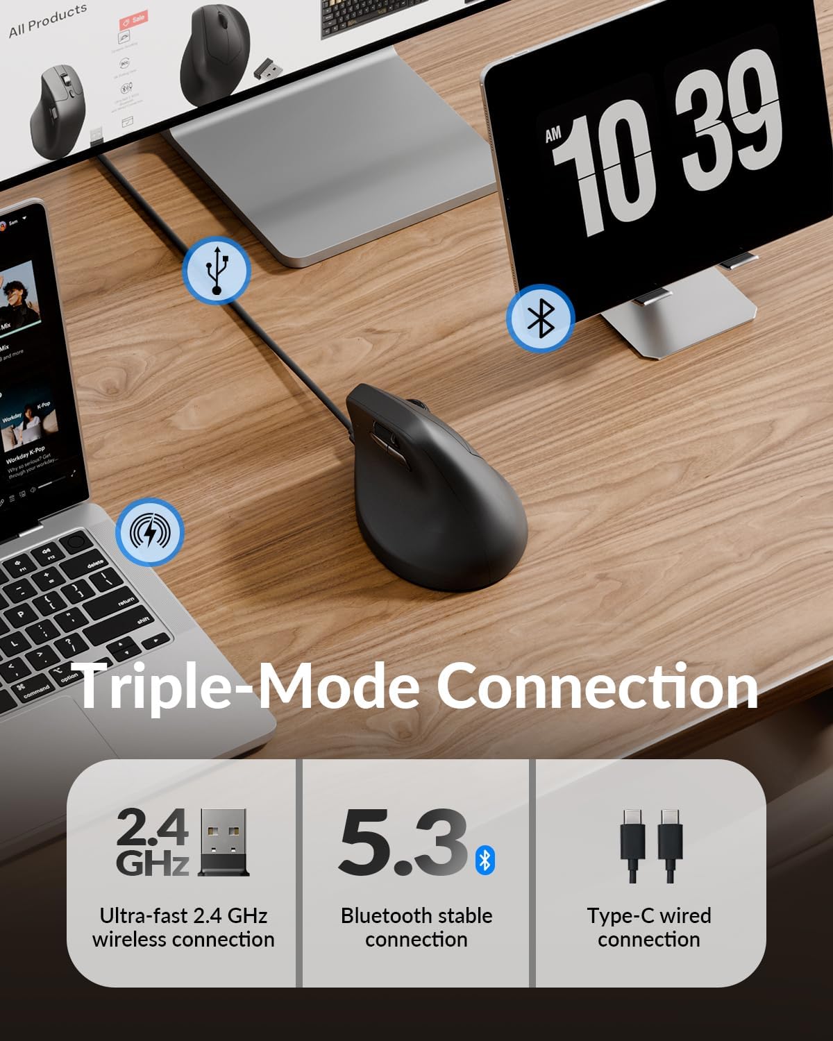 Keychron M5 8K Vertical Ergonomic Mouse Wireless, 2.4 GHz/Bluetooth 5.3/Wired Computer Mice Rechargeable, 5 Levels Up to 30K DPI with Programmable Buttons for Laptop macOS/Windows - Black