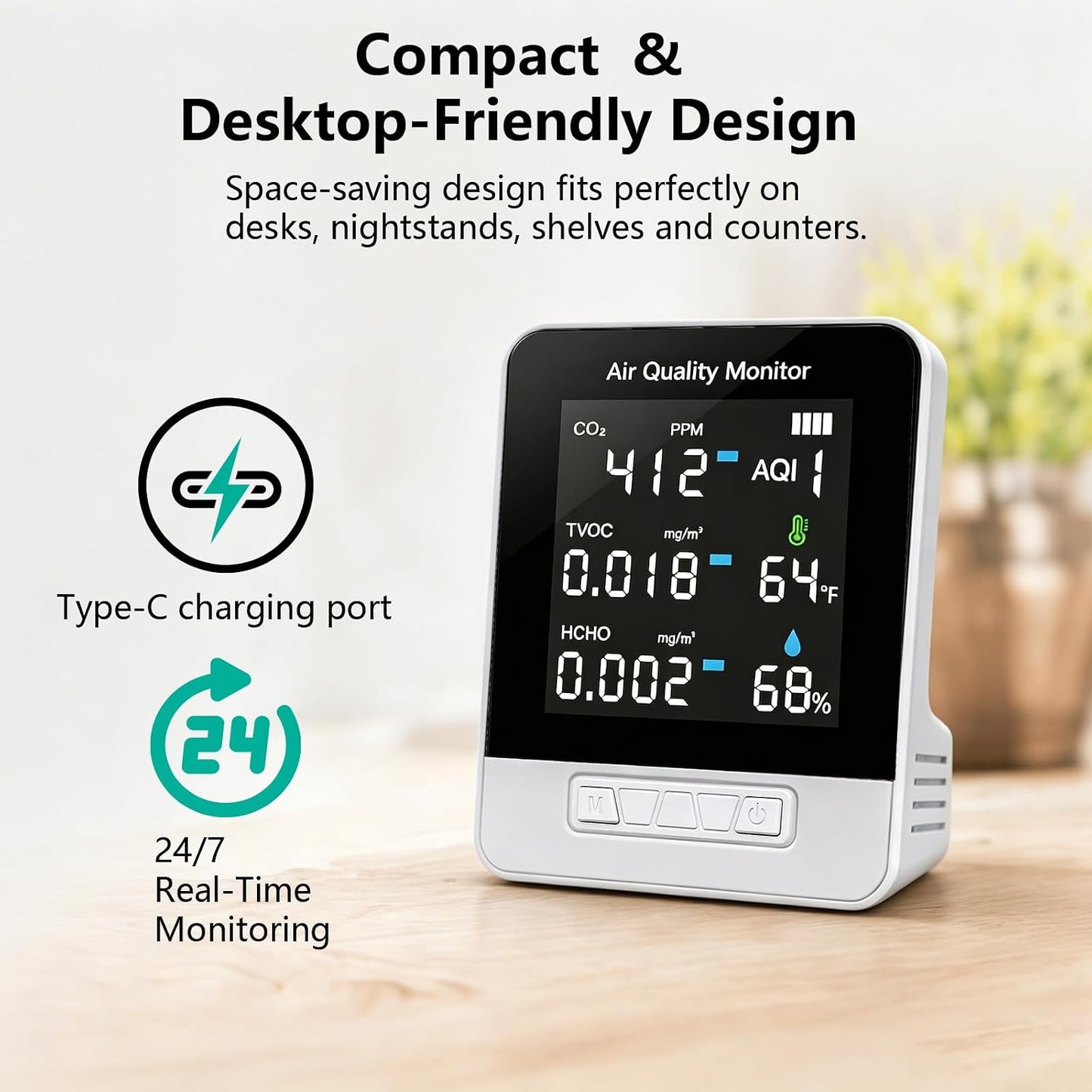 6-in-1 Air Quality Monitor, Smart Indoor CO2 Detector & HCHO TVOC AQI Tester, Accurate Temperature Humidity Meter with Color Display for Home, Bedroom, Office, Car, USB Powered
