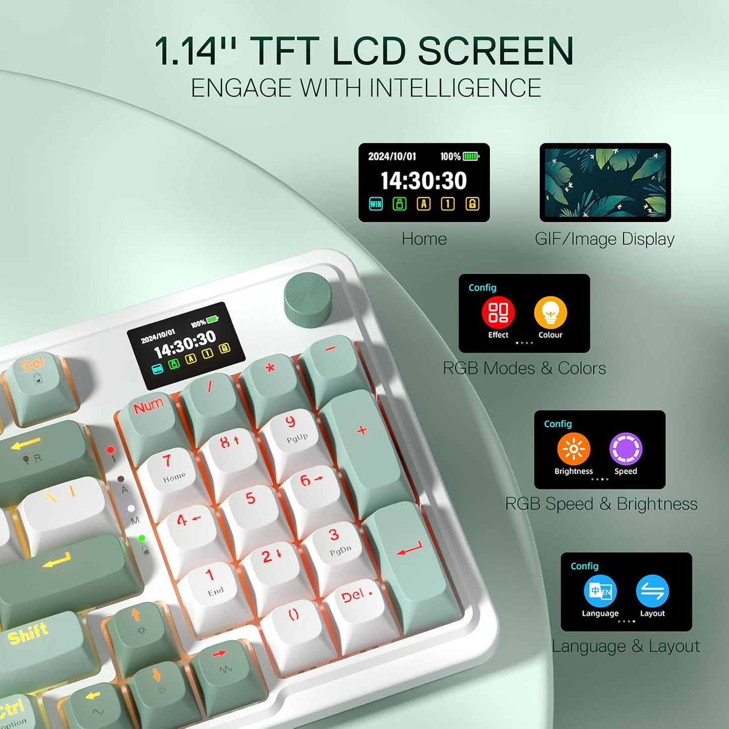 Redragon K719 PRO Wireless 95-Key Gasket Gaming Keyboard, TFT Screen & Knob | Easy-Control LED Info Display, 0-Delay Tri-Mode, Cushioned 5-Layer Noise Dampening for Creamy Thocky Sound, Practical 95 keys