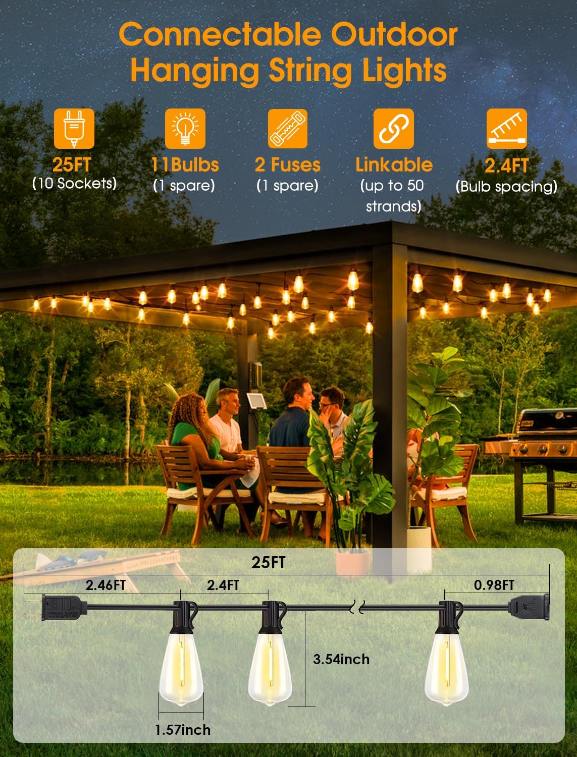 25FT Outdoor String Lights, Patio Lights with 10+1 LED Dimmable Waterproof Shatterproof ST38 Retro Edison 2700K Bulbs for Balcony Yard, Black