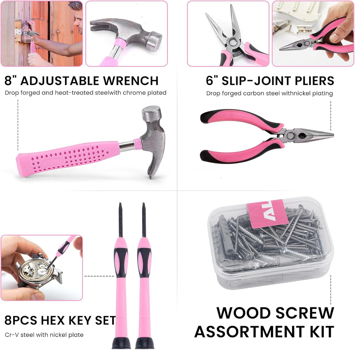 Pink Tool Set for Women, 136 PCS Household Tool Kit with 3.6V USB Electric Screwdriver, Cordless Lithium-ion Drill Driver, Home Improvement Hand Tools for DIY Projects