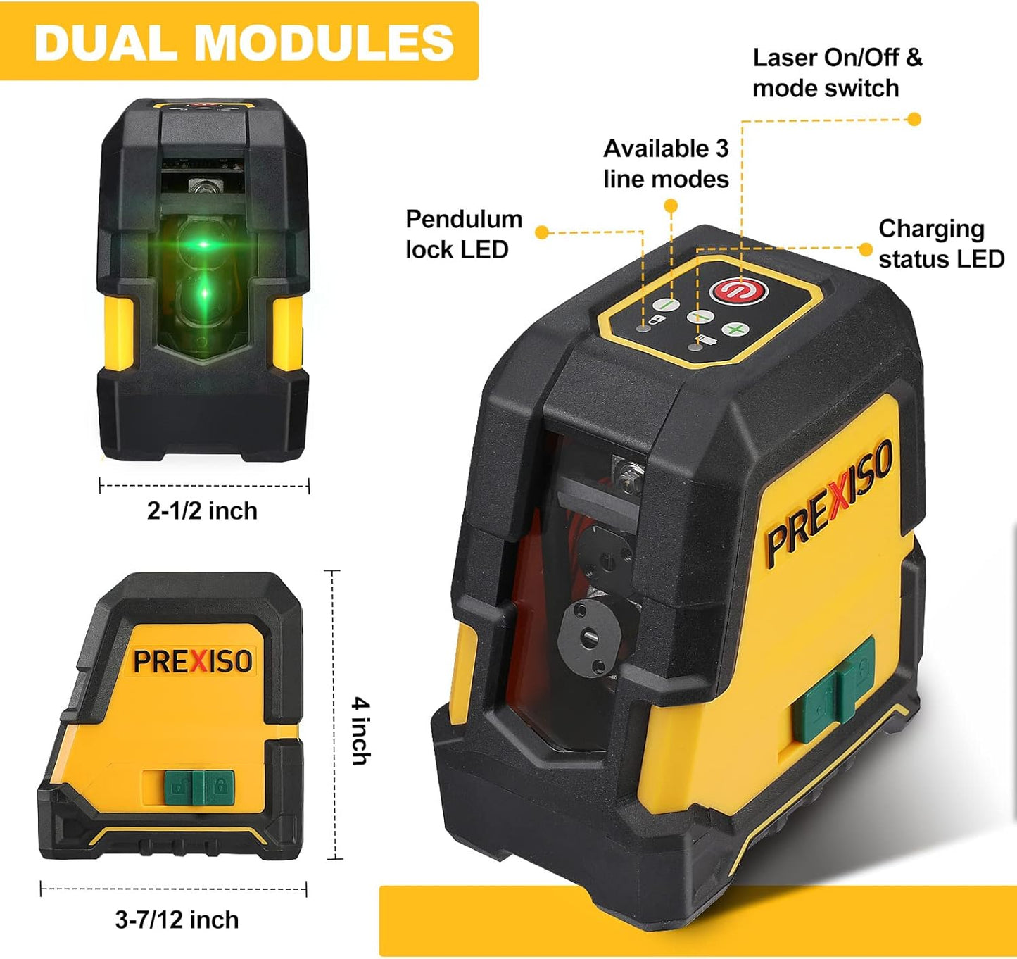 PREXISO Laser Level with Tripod, 100Ft Rechargeable Dual Modules Line Laser | Self Leveling Wide Angle Cross Leveler Tool for Construction, Floor Tile Renovation with Magnetic Base, Target Plate, Bag