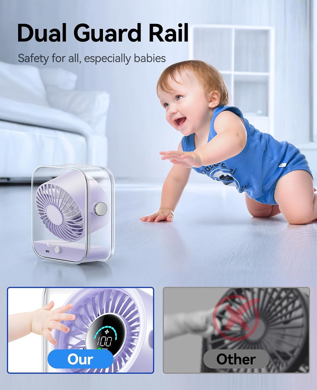 KIMMOO USB Desk Fan, Quiet Table Fan with Turbo Airflow, 100 Speeds, Digital Display, 90° Rotating, Small Rechargeable Battery Desktop Fans for Bedroom Home Office Travel, Lavender