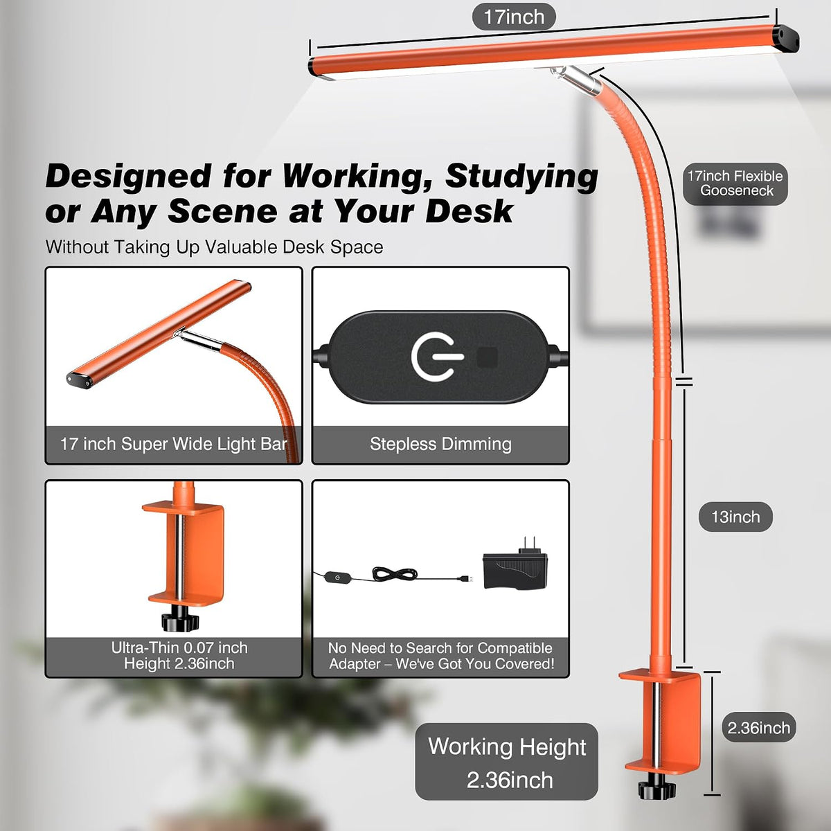 Airlonv LED Desk Lamp with Clamp, 17" Stepless Dimming Light, Orange