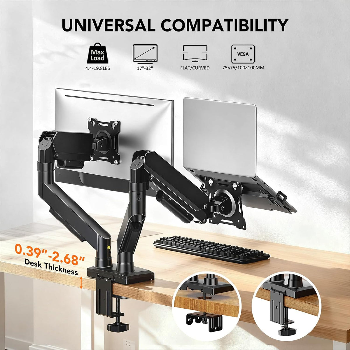 Dual Monitor Stand Adjustable Monitor Desk Mount for 17″–32″ Computer Screens, Full Motion VESA Pattern 75x75/100x100 with C-Clamp & Grommet Aluminum Base, Each Arm Holds 4.4 to 20 lbs HD09B-201