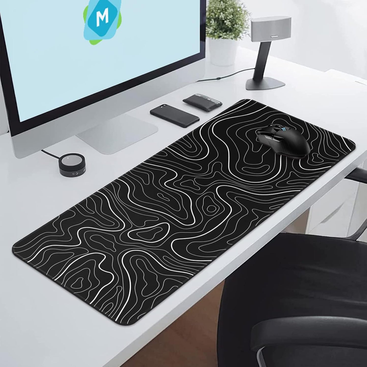 DIGSOM Gaming Mouse Pad, Black with White Topographic Line, 31.5x11.8in | XL Mouse mat, Smooth surface, Anti-slip rubber base, For keyboard and mouse, For home and office use