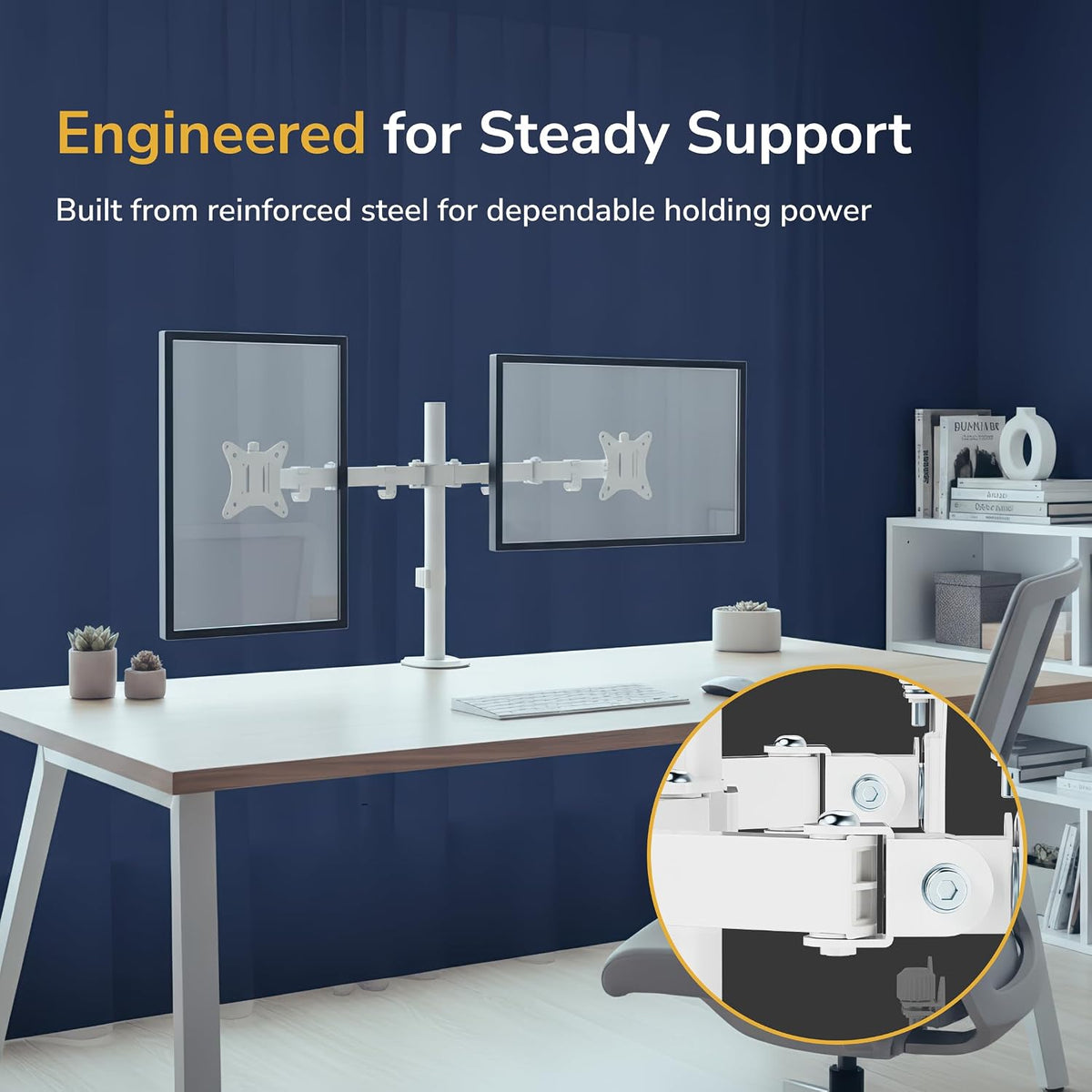 Mount-It Dual Monitor Mount for Desk, Full Motion White Steel 17-32 in | Desk Stand for 2 Monitors, 19.8 lbs per Arm, VESA 75x75 100x100, C-Clamp and Grommet, Cable Management, Height Adjustable