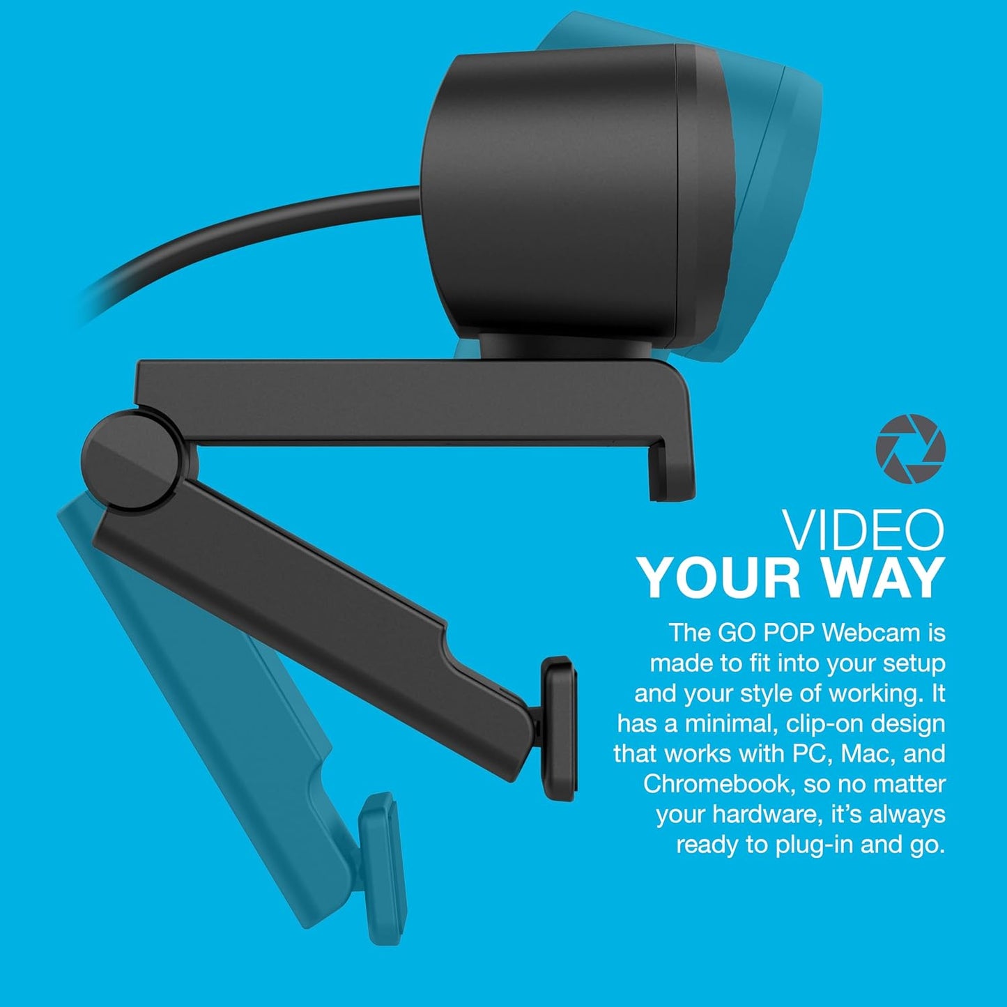 JLab Go Pop Cam, USB Webcam, 1080p, Built-in Privacy Shutter, Plug and Play, Black
