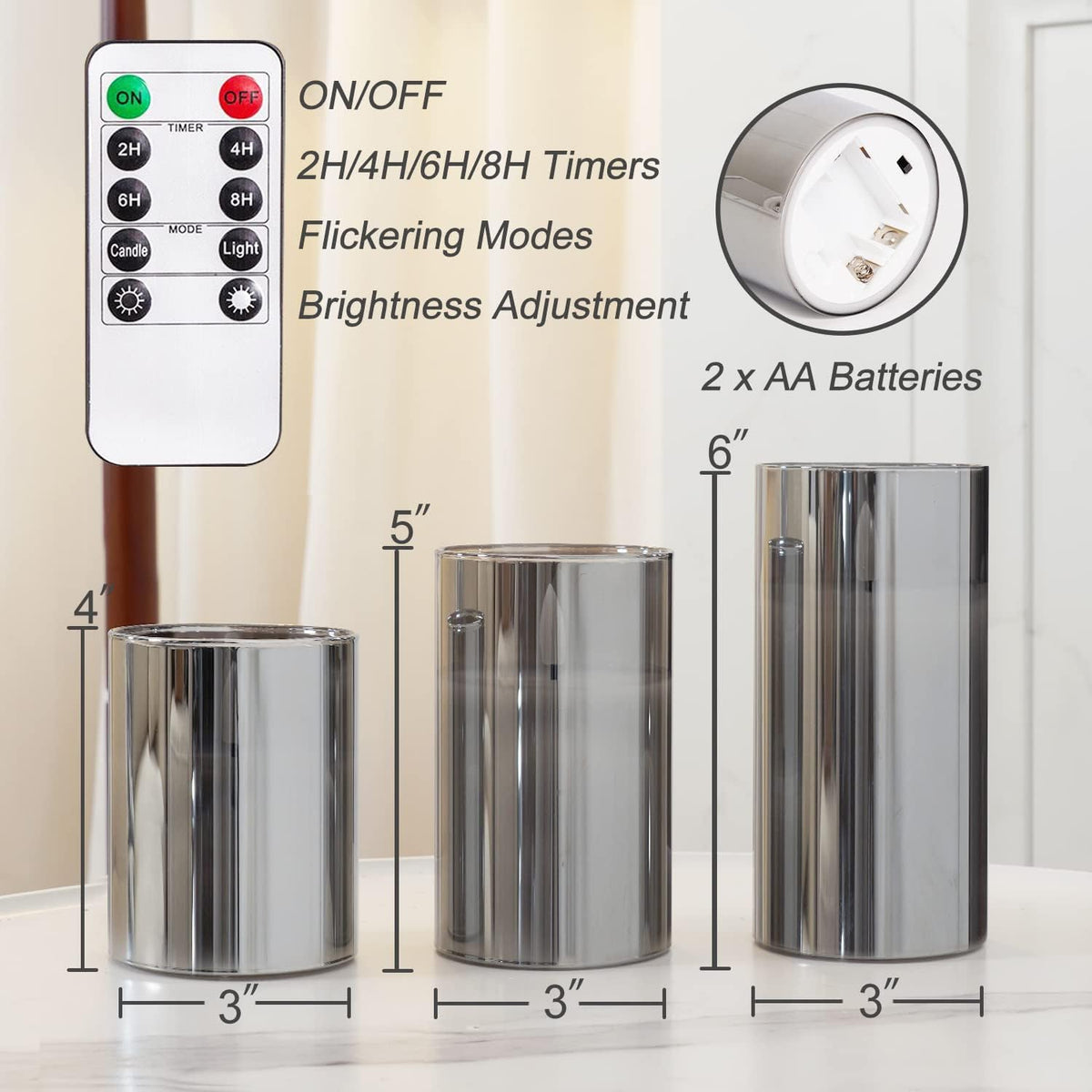 Homemory Grey Glass Flameless Candles, Real Wax, Remote Timer, 3 Pack | D3"xH4"5"6", battery operated flickering LED pillar c, les, Halloween centerpiece, mantel, dining table , home decor