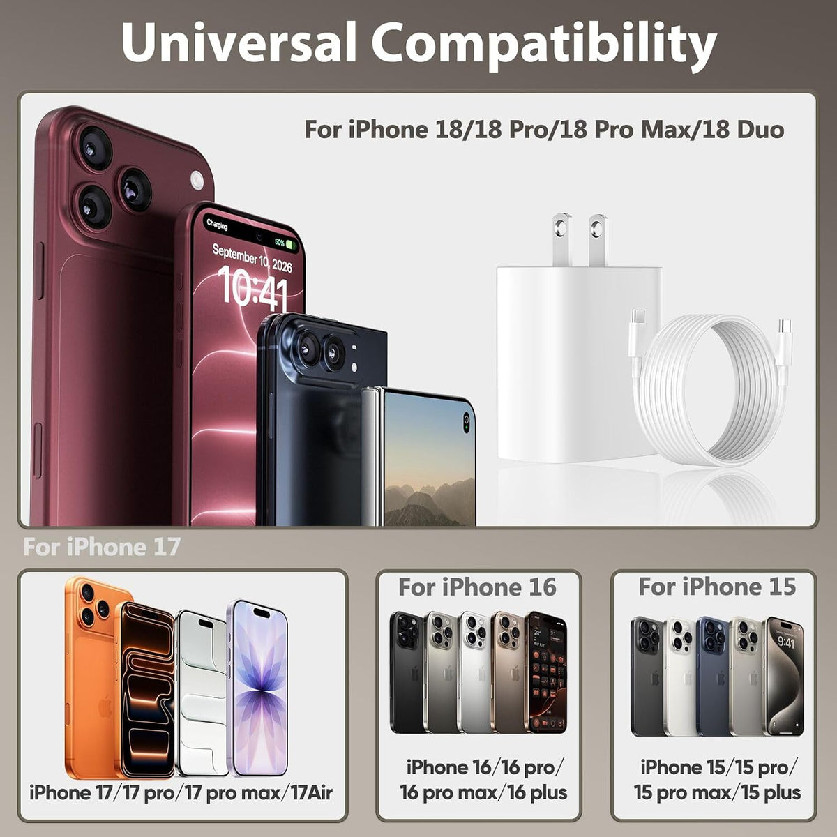 iPhone 18 17 16 15 Pro Max Charger Fast Charging 20W 10 FT Long USB C Cable
