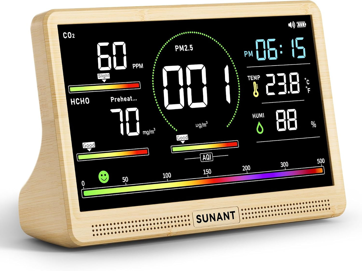 16-in-1 Air Quality Monitor Indoor, 7' Smart Large Display 9 AQI+7 Alarm Alerts, Real Time CO2, Formaldehyde, TVOC, PM2.5, PM10, Temperature & Humidity Portable Battery Powered Tester for Home, Office