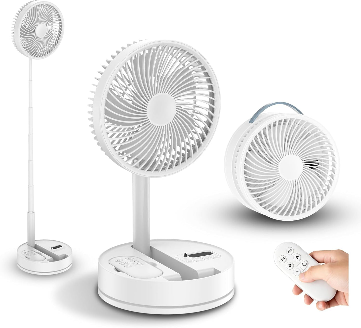 Portable Rechargeable Oscillating Travel Fan - 8" 8000mah Battery Operated | USB Standing Quiet Fans for Bedroom, Remote Folding Pedestal Floor Foldable Ventilador, Cruise Camping Table Desk Room, White