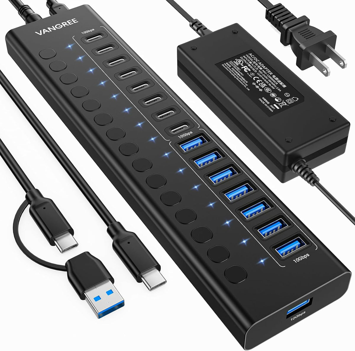 VANGREE Powered USB Hub,16 Ports 10Gbps USB C Hub, 8*USB-A 3.2+8*USB-C 3.2
