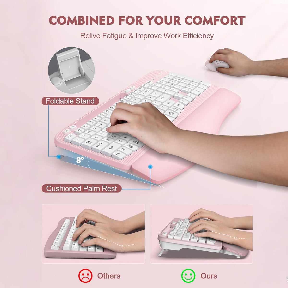 Wireless Keyboard and Mouse Combo, Full-Sized Ergonomic Wave Keys Keyboard with Memory Foam Wrist Rest & Phone Holder, 2.4G Quiet Keyboard Mouse Work Setup for PC Laptop, Office or Home (Pink)
