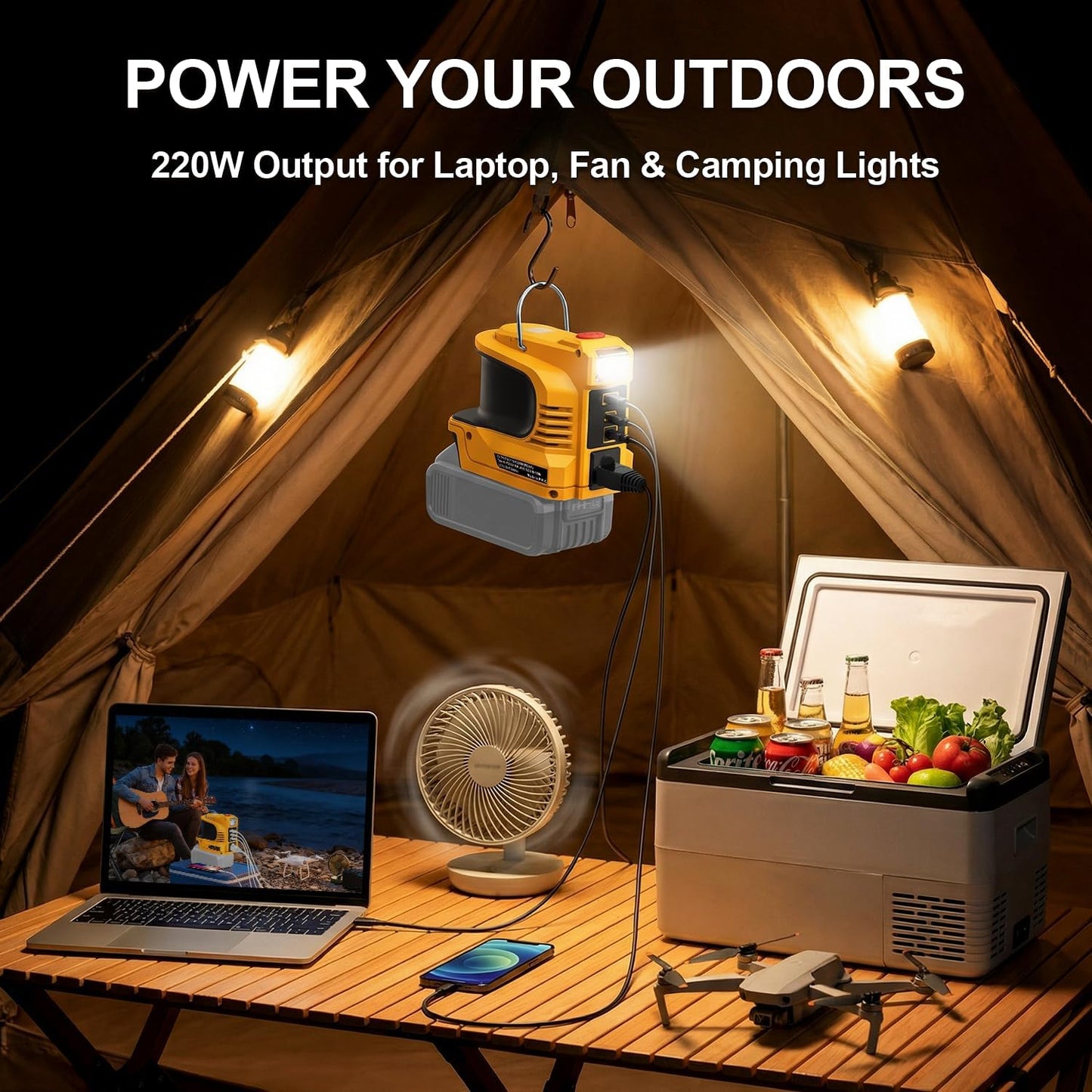 Real 220W Power Inverter Compatible with DeWalt 20V Battery, DC 20V to AC 110V-120V Portable Power Station with 1 AC Outlet, 1 USB & Type-C, 1 12V DC & 200LM LED (No Battery)