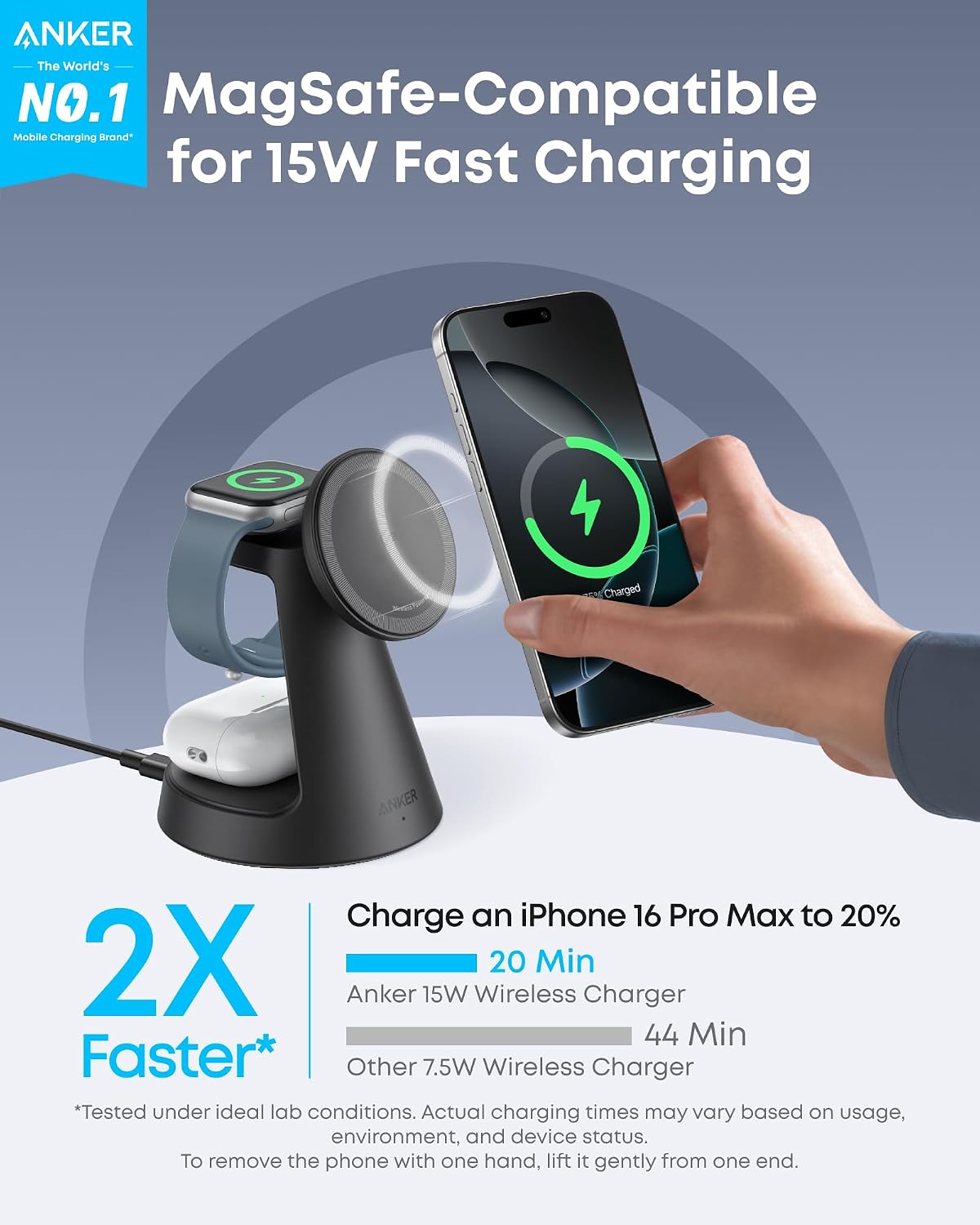 Anker MagSafe Charger Compatible, MagGo 3-in-1 Qi2 15W Charging Station | Wireless Charger, Magnetic Charging Stand for iPhone 17 / 16 / 15 Series, Apple Watch, AirPods, and More (Adapter Included)