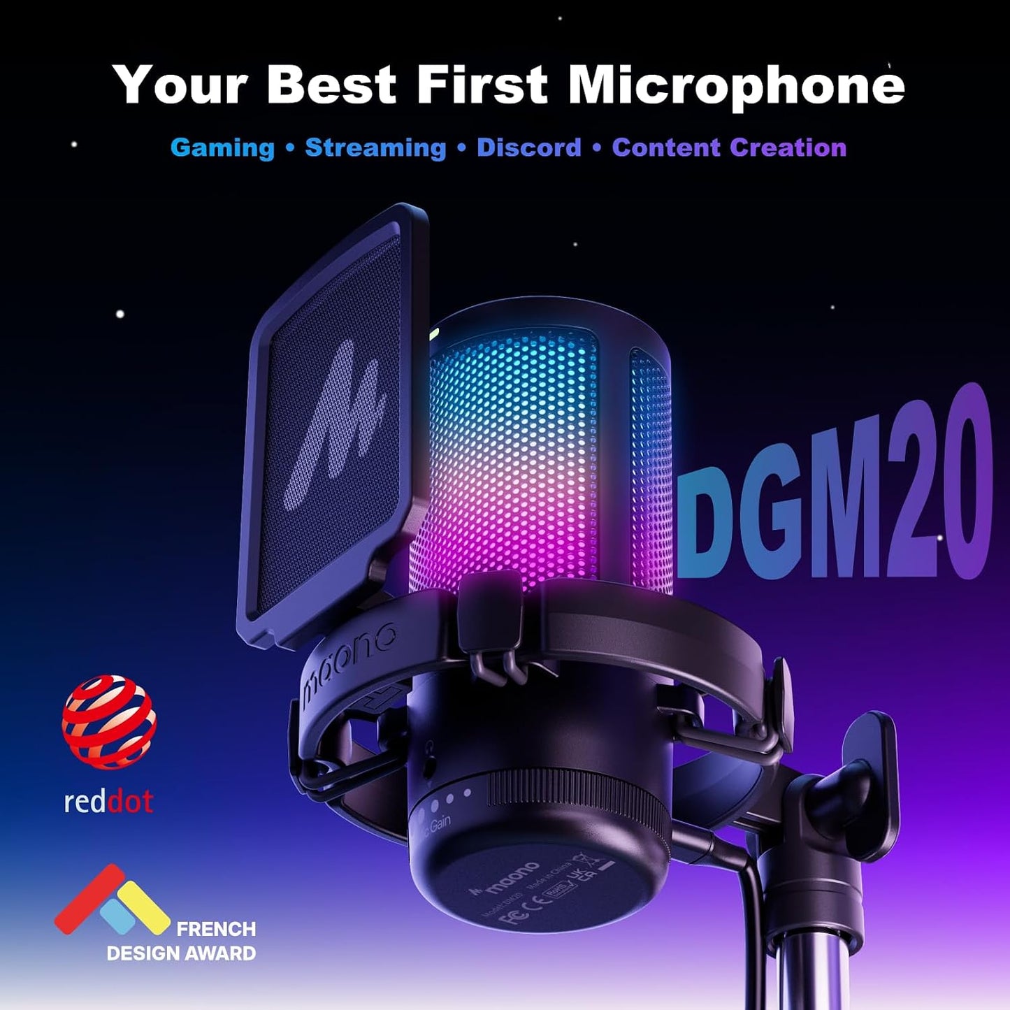 MAONO DGM20 USB Gaming Microphone for PC with Clear Voice & RGB Lighting | Noise Reduction, Tap-to-Mute, Gain Control and Plug & Play for Discord, Streaming, Podcasting, Chat and PS5/PS4 Gaming