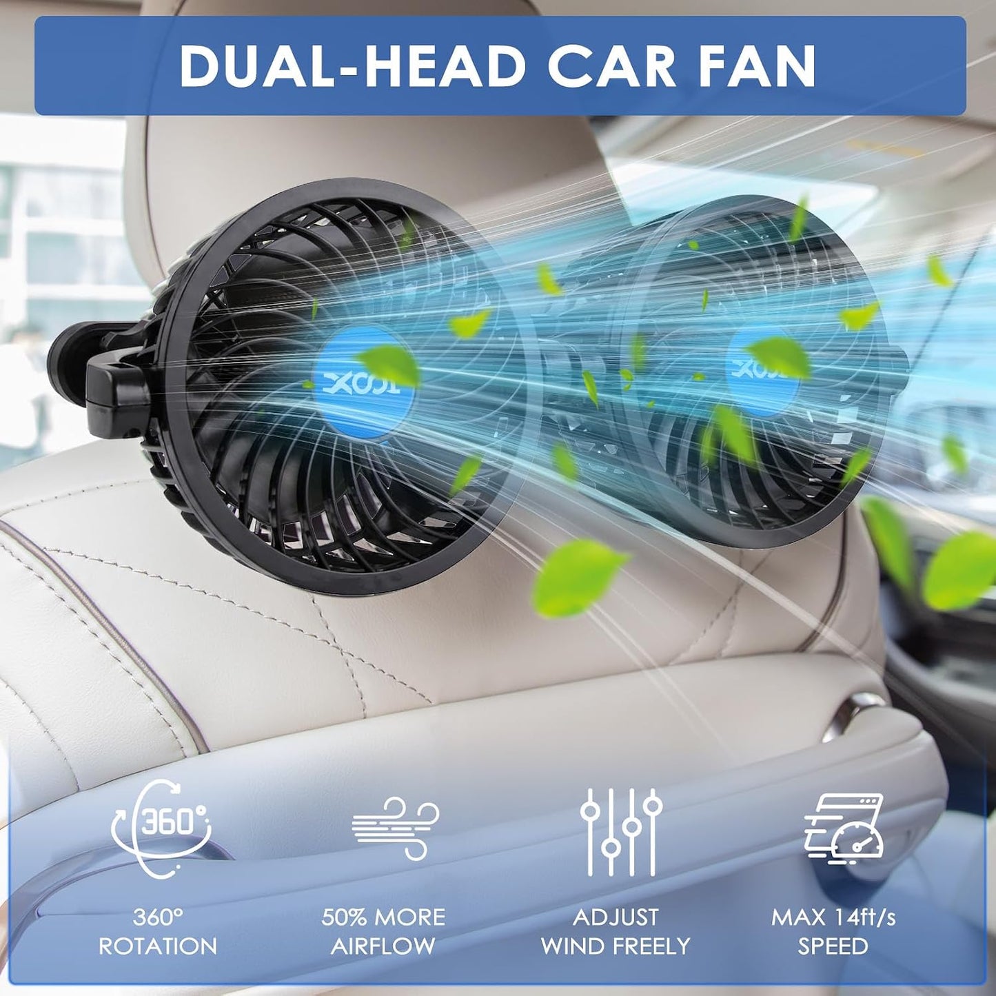 XOOL Electric Car Fans for Rear Seat Passenger Portable Fans Headrest 360 Degree Rotatable Backseat Car Fan 12V Cooling Air Fan with Stepless Speed Regulation for Vehicles, SUV, RV