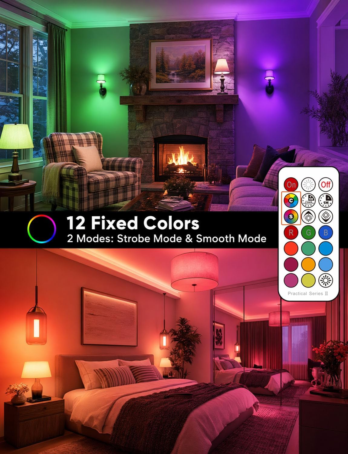 ILC E12 LED Light Bulbs (40w Equivalent) 5W, Color Changing RGB, 5700K Daylight White, Small Base Candelabra Round Light Bulb, A15 Candle Base, 12 Colors 2 Modes Timing with Remote Control (4 Pack)