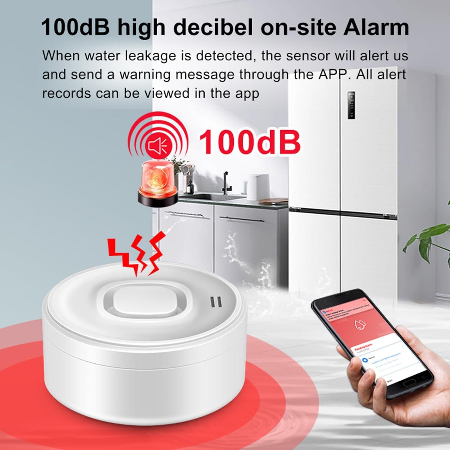 WiFi Water Leak Detector: Smart Water Sensor with 100dB Adjustable Alarm & App Notification, Water Leakage & Low Water Level Monitoring, Water Detector Alarm for Kitchen, Bathroom, Basement
