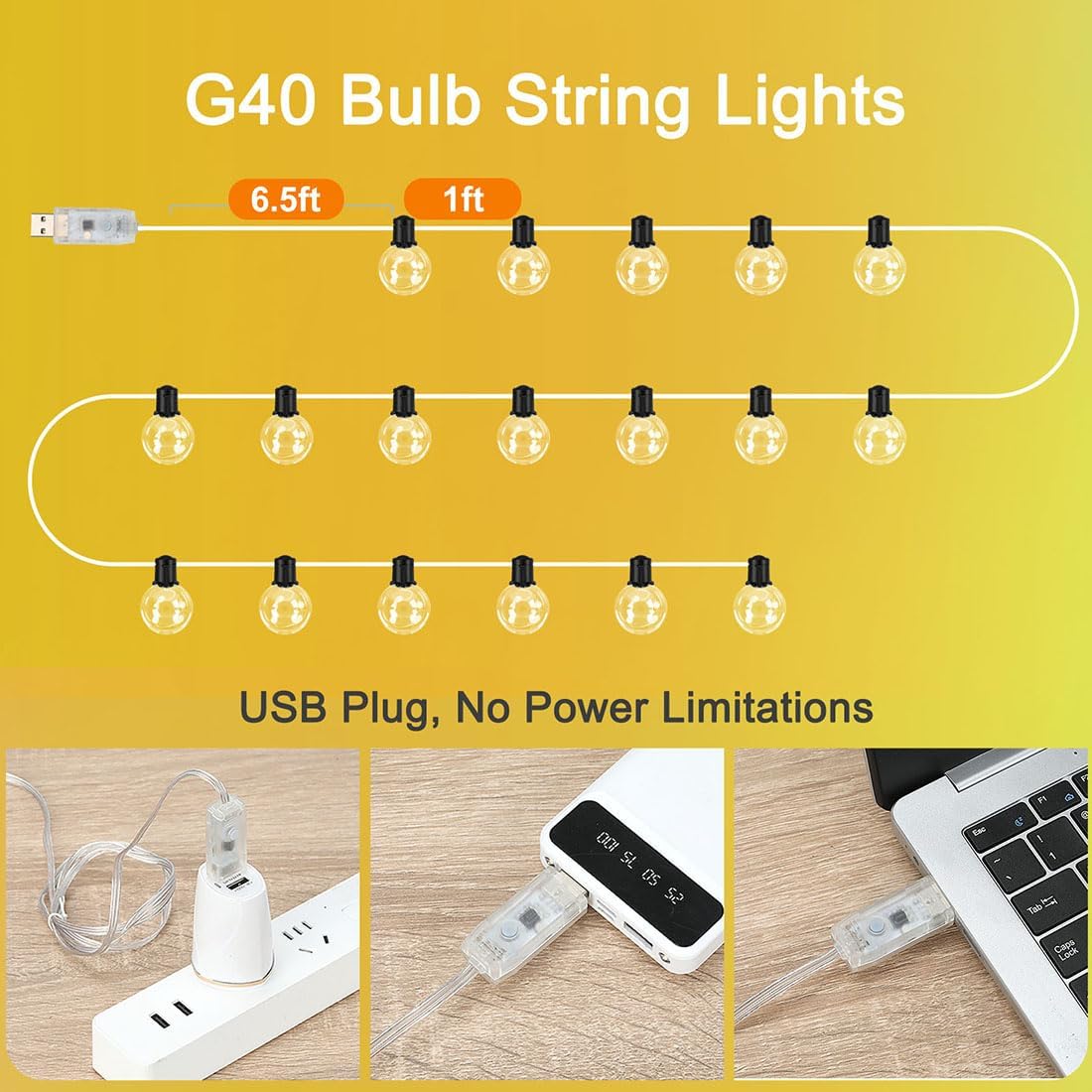Outdoor String Lights USB Plug-in,22ft 20 Color Changing LED Bulbs