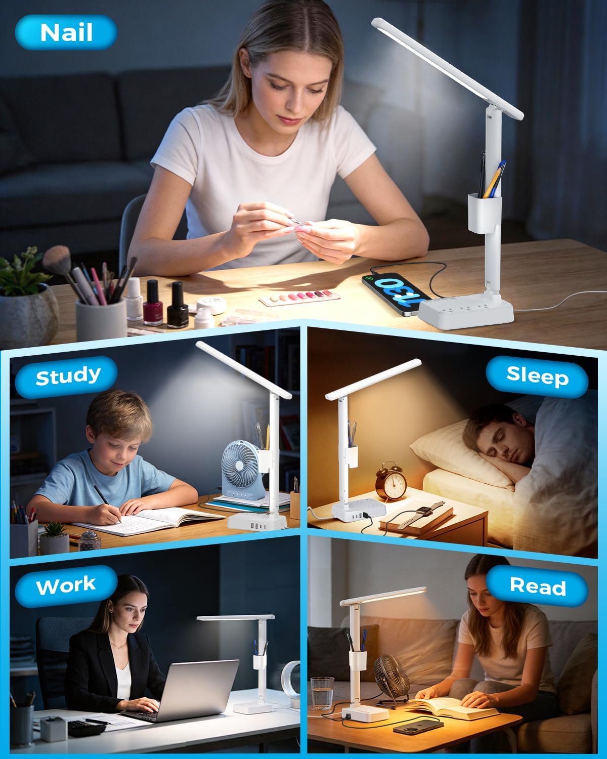 LED Desk Lamp with Power Strip, 3 AC Outlets, 4 USB Ports, Stepless Dimming