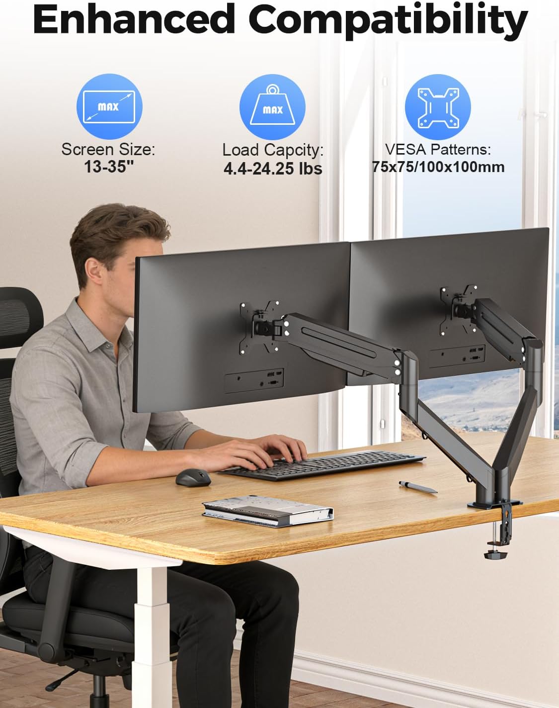 Suptek Dual Monitor Mount Stand-Height Adjustable Gas Spring Monitor Arm Desk Mount for 2 Computer Screens 17 to 35 inches - Each Arm Holds up to 24.25lbs,Black(MD8SP)