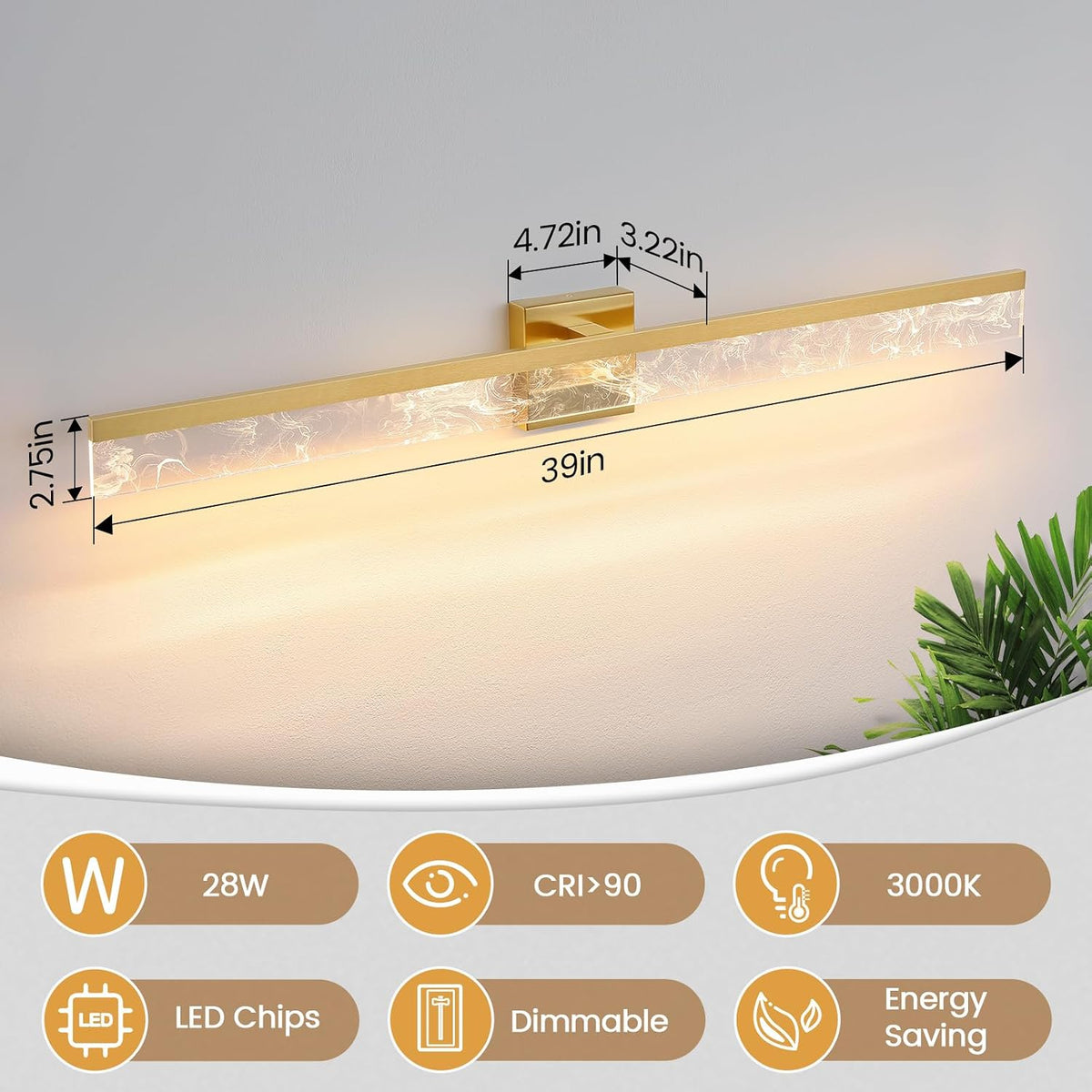 AIJIASI 39-Inch Brushed Gold Vanity Light Fixture, 28W Dimmable LED Modern Light Bar for Bathroom Mirror, Restroom, Bedroom (3000K)