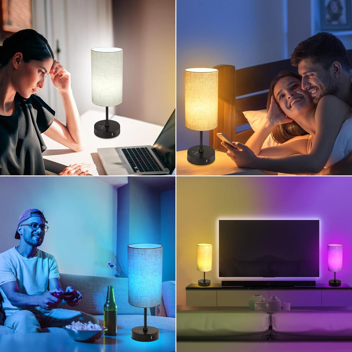 Table Lamp, 3 CCT 3000K/4500K/6500K & RGB Color Changing, Stepless Dimmable Small Bedside Lamp for Reading, Ambience Nightstand Light for Home Decor Party, Beige Shade