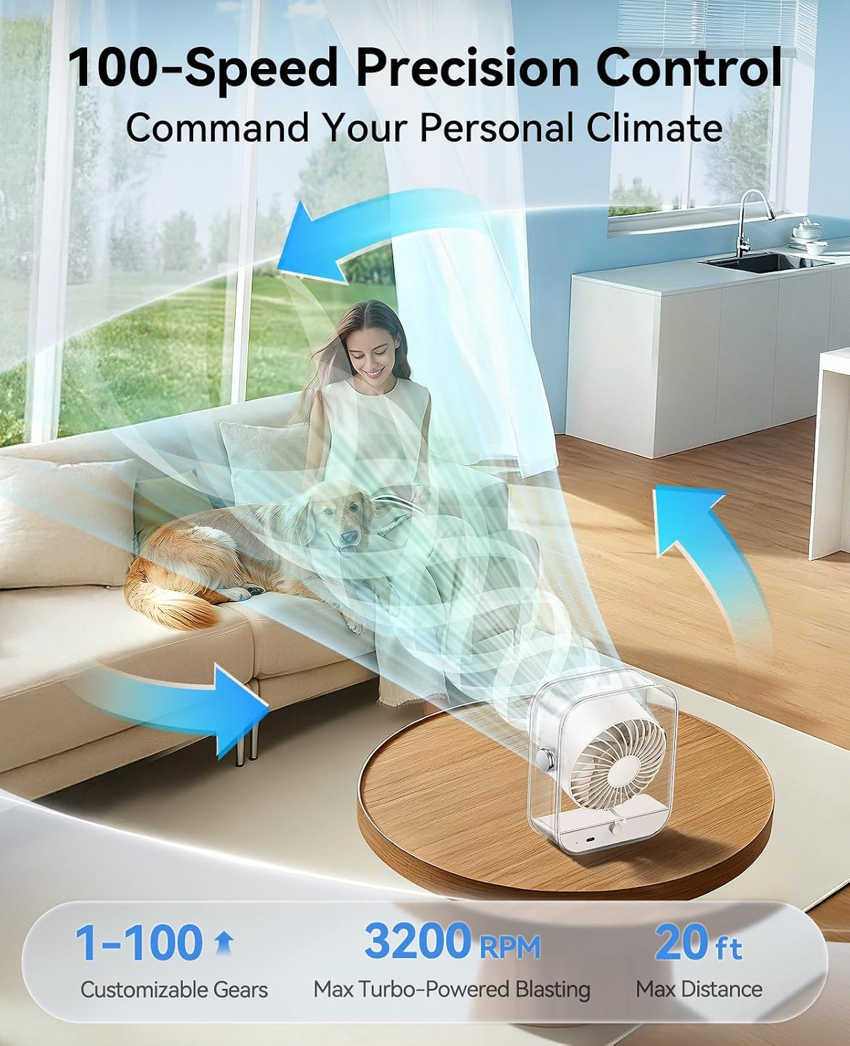 KIMMOO Rechargeable USB Desk Fan, Quiet Table Fan with Turbo Airflow, 100 Speeds, Digital Display, 90° Rotating, Small Battery Desktop Fans for Bedroom Home Office Trave, Beige