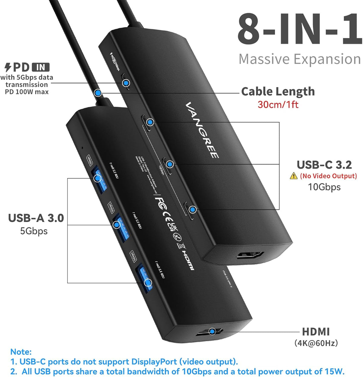 VANGREE USB C Hub 8 in 1, 3 USB-C+3 USB-A 3.2 10Gbps, 4K60Hz HDMI, 100W PD