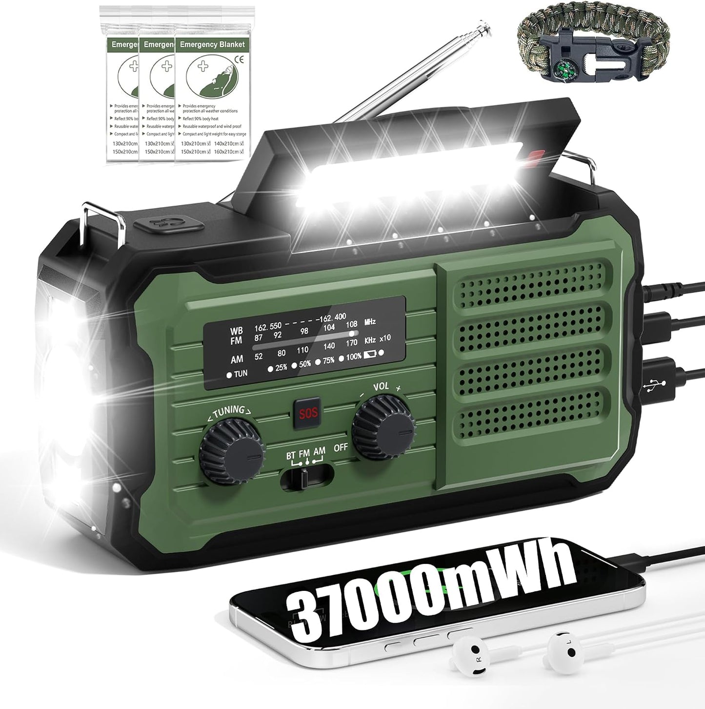 Emergency Radio Hand Crank Solar, 10000mAh/37000mWh Emergency Weather Radio | Hand Crank Solar Radios with NOAA/AM/FM, Thermal Blanket, Survival Bracelet, for Home & Outdoor