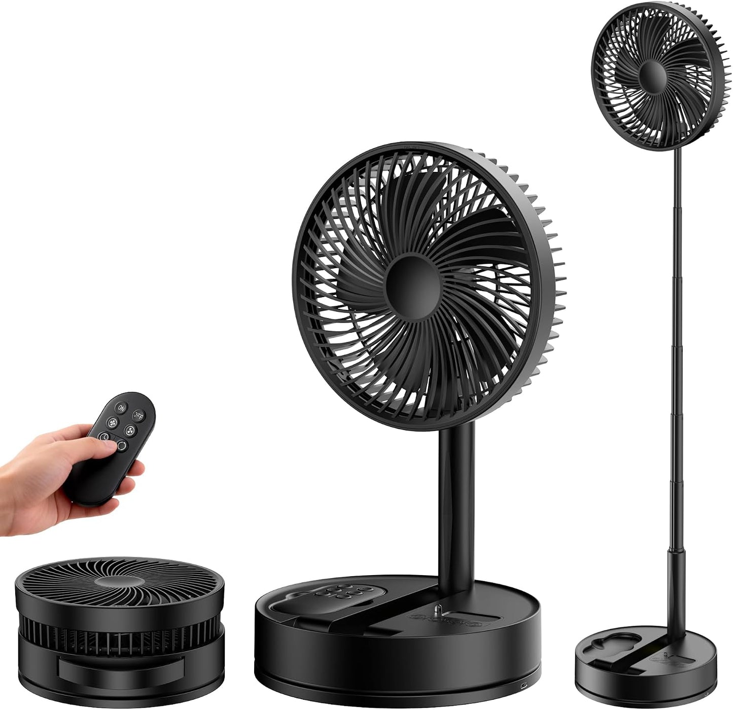 Portable Rechargeable Oscillating Travel Fan - 8" 8000mah Battery Operated | USB Standing Quiet Fans for Bedroom, Remote Folding Pedestal Floor Foldable Ventilador, Cruise Camping Table Desk Room, White