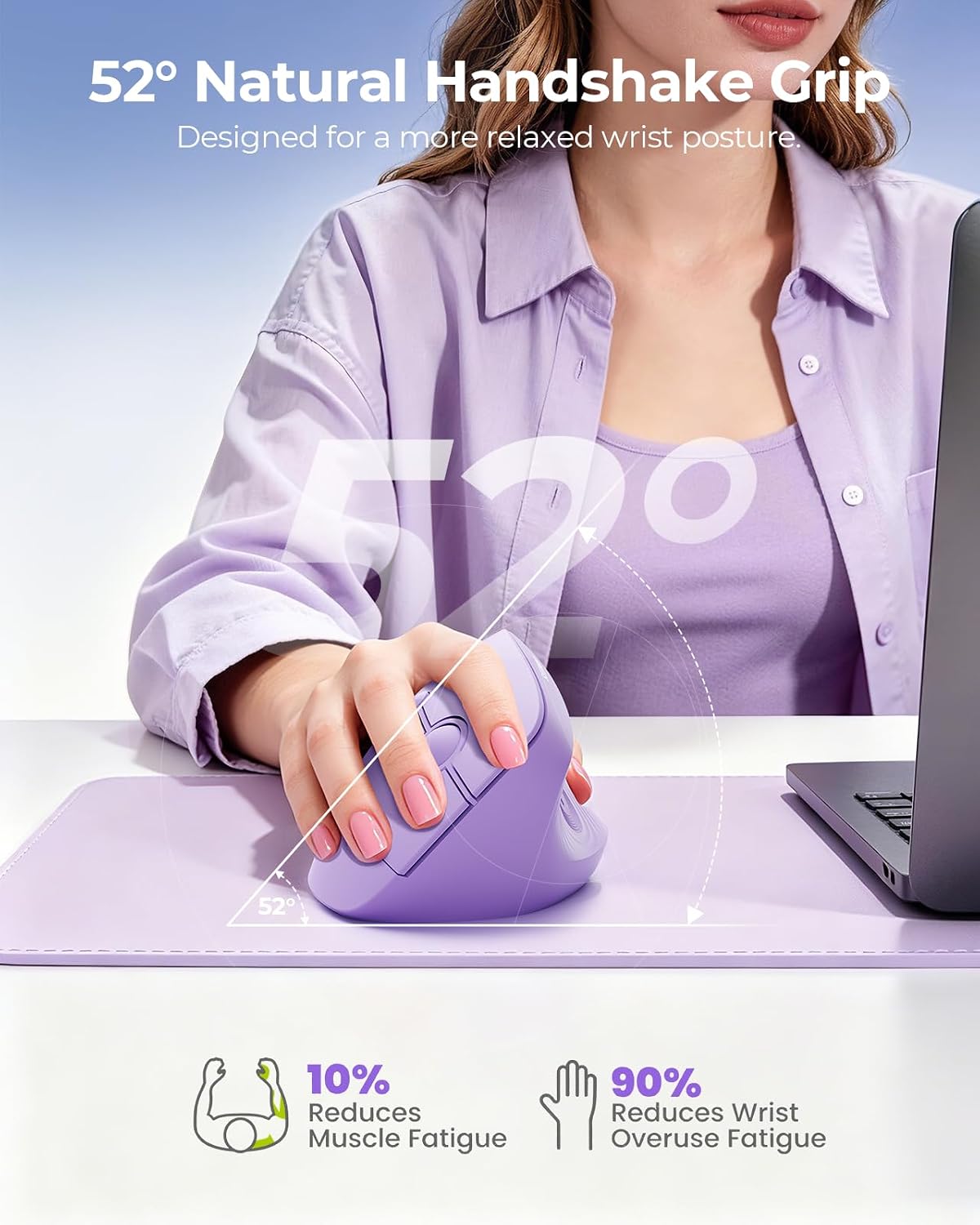 seenda Ergonomic Wireless Mouse, 52° Vertical Bluetooth Mouse, Purple