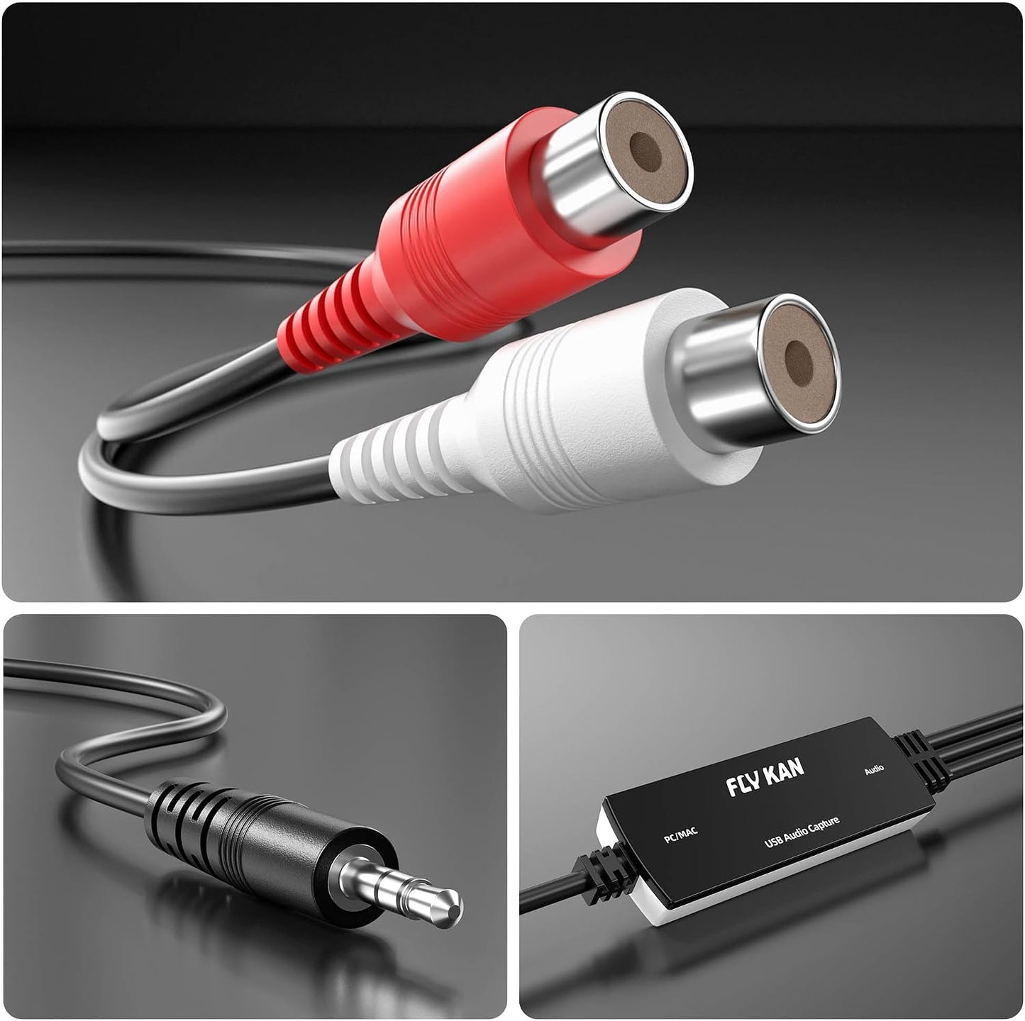 USB 2.0 Audio Grabber with USB-C Adapter – Analog to Digital Converter, Dual RCA/3.5mm Inputs, Vinyl/Cassette to MP3 USB Capture Card for PC/Mac/Linux