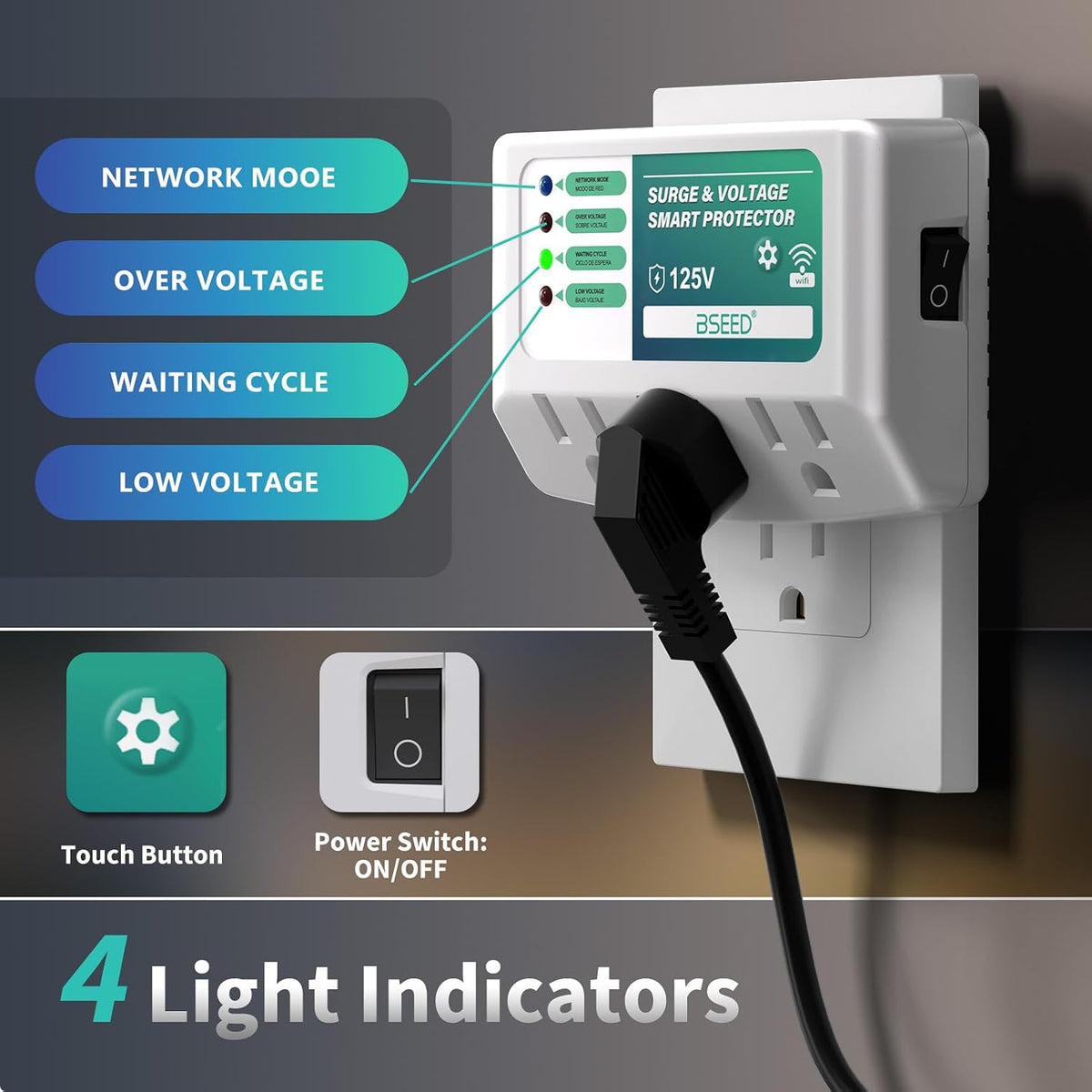 BSEED WiFi Smart Plug, 3 Outlet Surge Voltage Protector with Light Indicator, APP Control, Energy Monitoring, Wall Mount Power Suppressor for Refrigerator/TV/PC, 125V/1875W, FCC Listed,1 Pack