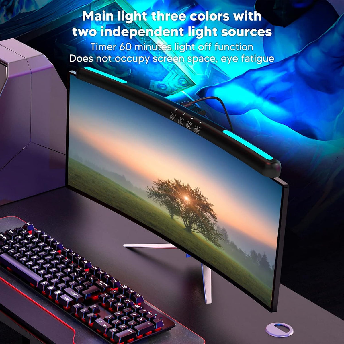 Luqeeg Curved Monitor Light Bar, Computer Monitor Lamp, Touch Dimming Screen Light Bar LED Monitor Light Reading Light with 3 Color Temp Modes & 7 Color RGB Adjustable for Office Home