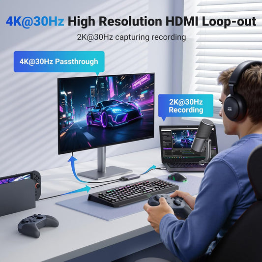 UGREEN 4K@30Hz Loop Out HDMI Capture Card for 2K 30FPS 1080P 60FPS USB 3.0 | 2K@30Hz Record for Video Capture Card for Streaming Gaming with Low Latency Compatible with Switch 2 PS5 Xbox PC Mac
