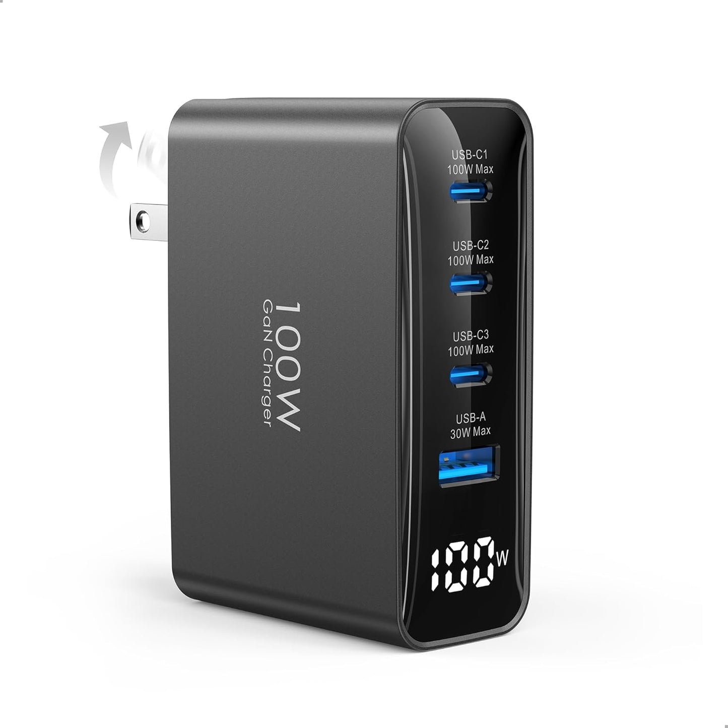 TOPADRE 100W USB C Charger for MacBook，Charger Block with LED Display，Black | GaN Compact Foldable Charging Station for MacBook Pro/Air, iPad Pro, for iPhone 17/16 Pro Max, Galaxy S25