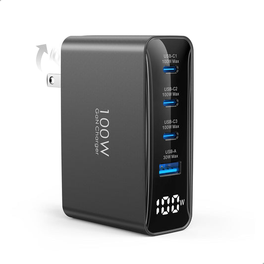 TOPADRE 100W USB C Charger for MacBook，Charger Block with LED Display，Black | GaN Compact Foldable Charging Station for MacBook Pro/Air, iPad Pro, for iPhone 17/16 Pro Max, Galaxy S25