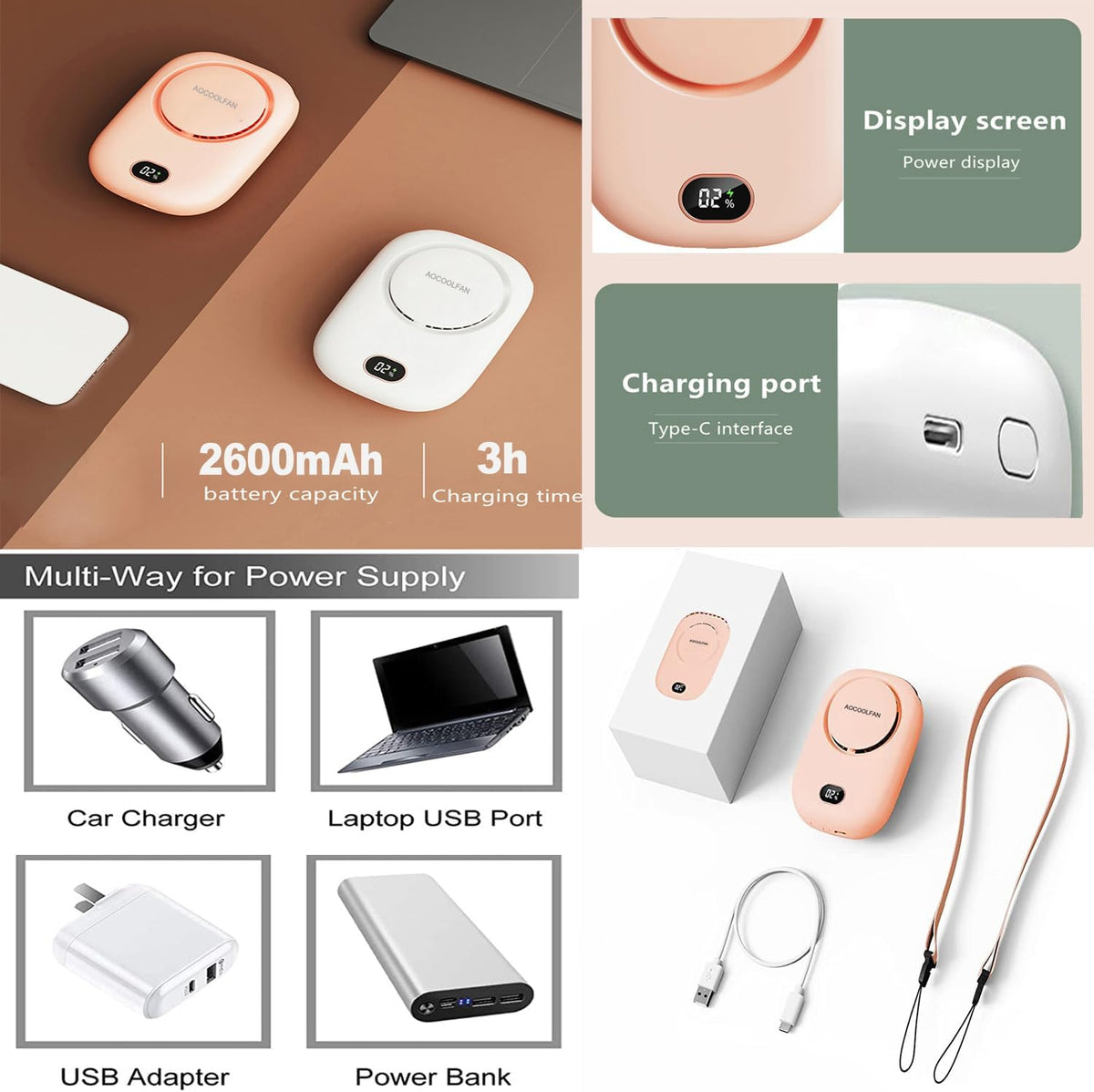 AOCOOLFAN Portable Neck Fan, Mini Small Personal Handheld Fan USB Rechargeable 3 Speed for Girls Boys Woman Eyelash Travel Home Office Outdoor (Pink)